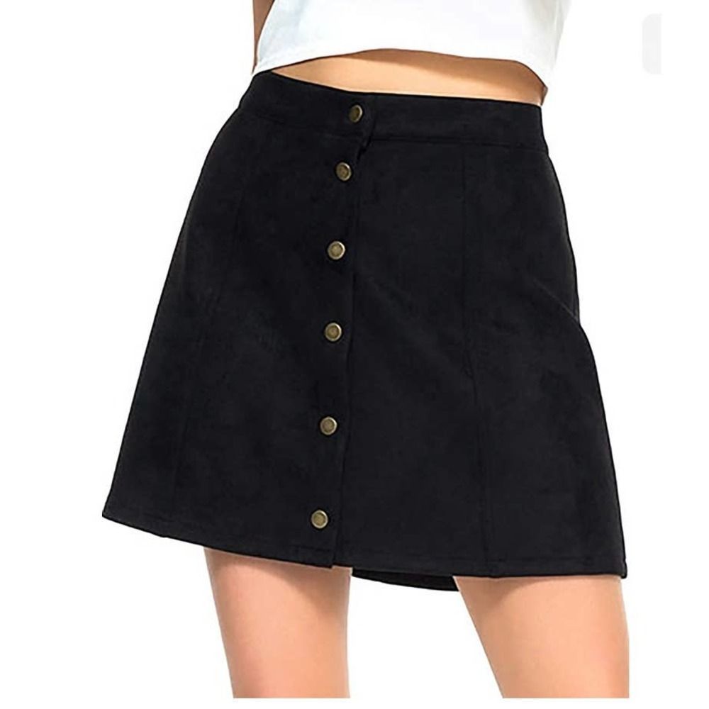 PERSUN Women's Button Front High Waist Faux Suede A-Line Mini Short Skirt